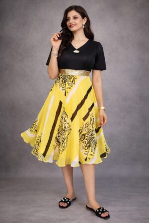 Yellow Printed Fit & Flare Dress | Kiba Fashion