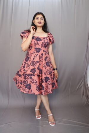 Gea Dress peach and navy floral puff sleeve dress for women - Kiba Fashion