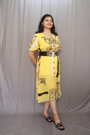ziba dress yellow georgette midi dress with square neck and bell sleeve - Kiba Fashion