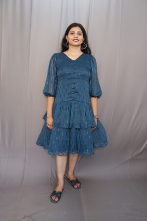 Audrey dress for women in metallic blue with V-neck and puff sleeves-Kiba Fashion