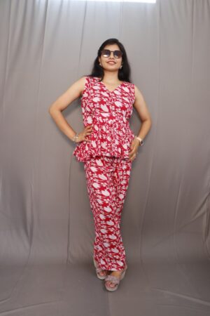 Zoey Co-Ord Set Pink and White Sleeveless Peplum Top with Matching Trousers – Kiba Fashion