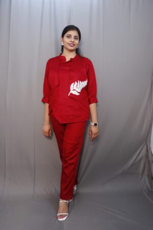 Ava Co-Ord Set Red Mandarin Collar Tunic Top with Matching Straight Pants – Kiba Fashion