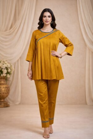Mustard Yellow Pleated Co-Ord Set for Women