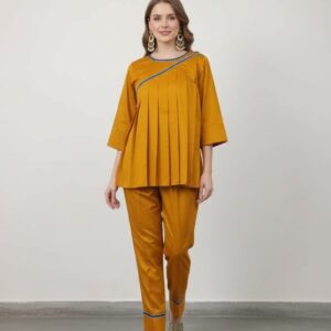 Mustard yellow pleated co-ord set for women