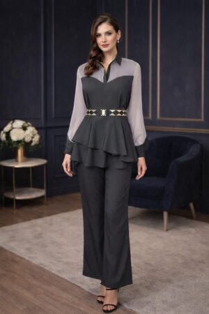 Black noir grace co-ord set for women with layered peplum top sheer sleeves and wide leg pants