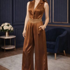 Mocha Muse Jumpsuit front view for women in brown tissue silk with embellished waist patch and wide leg