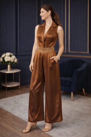 Mocha Muse Jumpsuit front view for women in brown tissue silk with embellished waist patch and wide leg