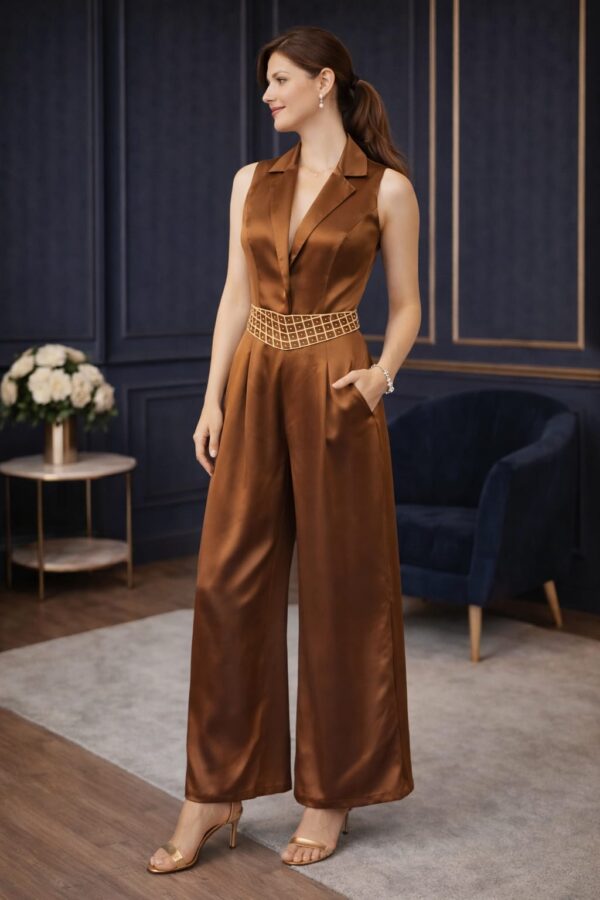 Mocha Muse Jumpsuit front view for women in brown tissue silk with embellished waist patch and wide leg