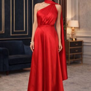 Scarlet Grace Gown front view for women in scarlet red one shoulder satin dress