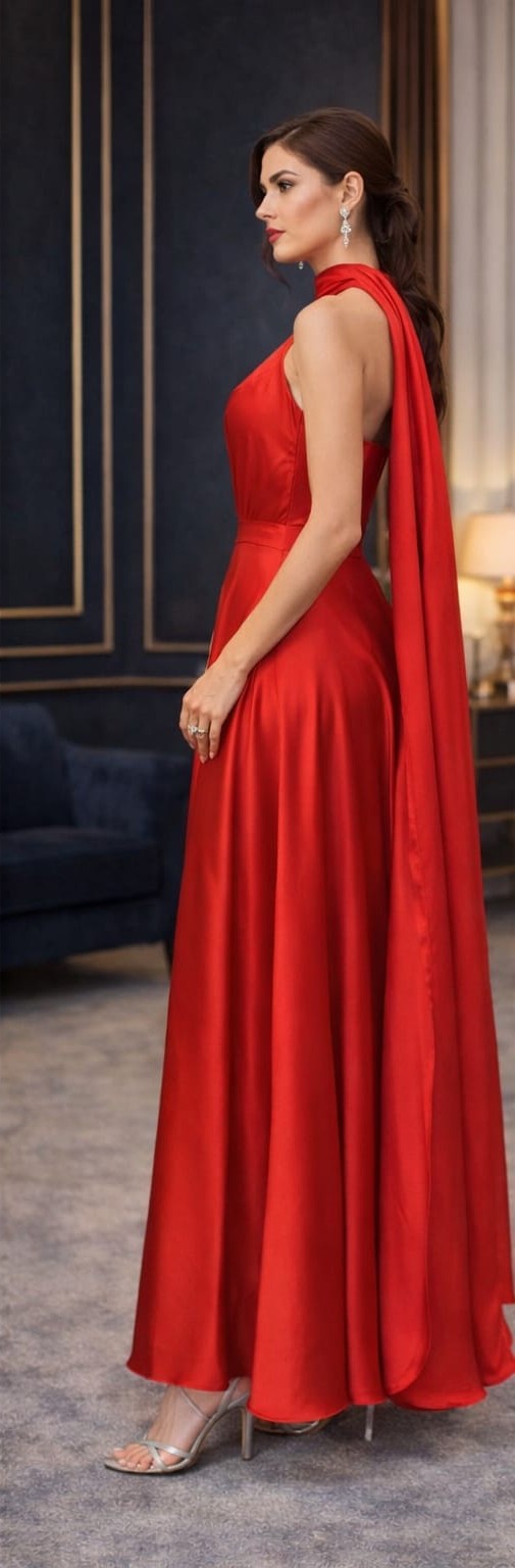 Scarlet Grace Gown side view for women in elegant scarlet red party dress