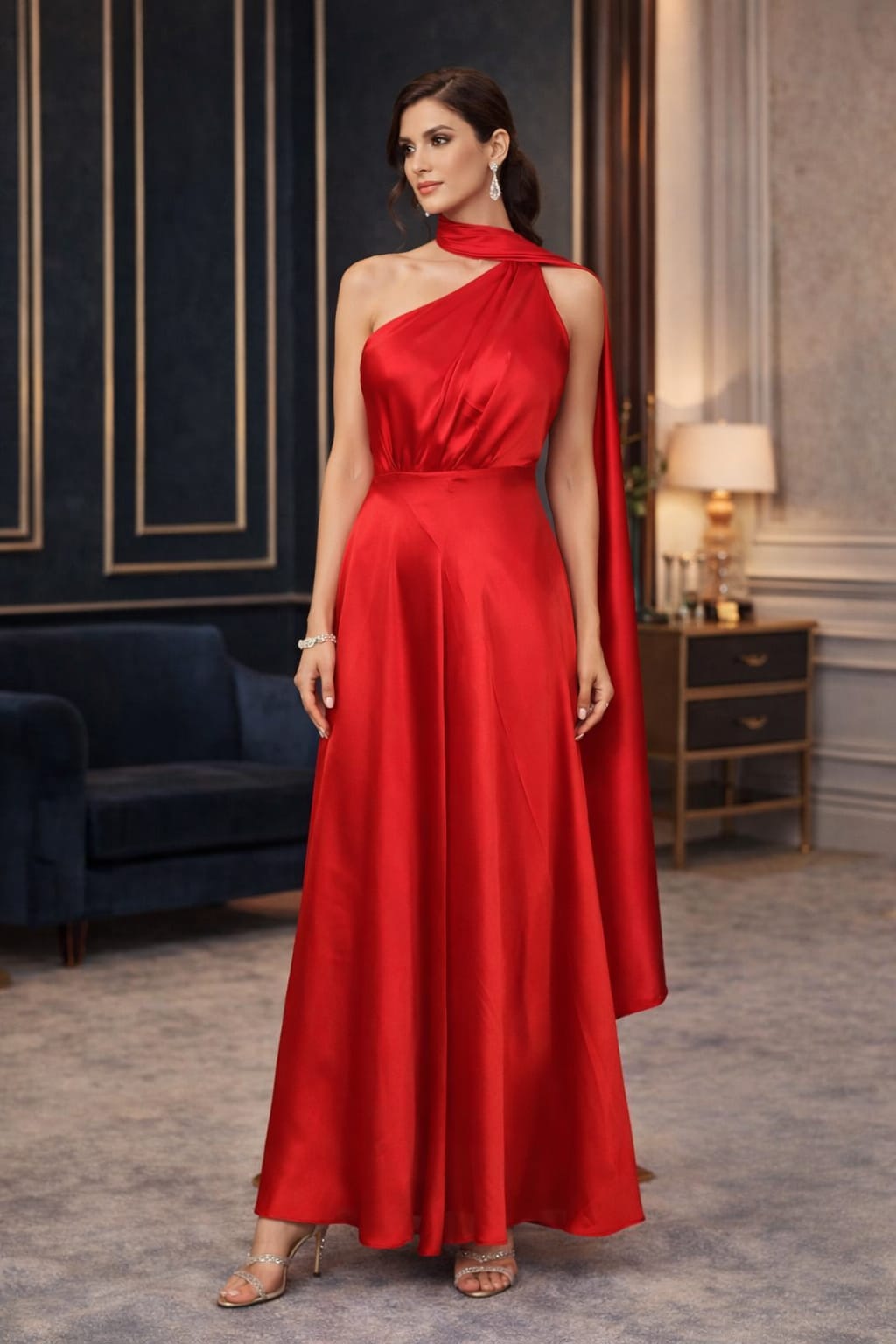 Scarlet Grace Gown front view for women in scarlet red one shoulder satin dress