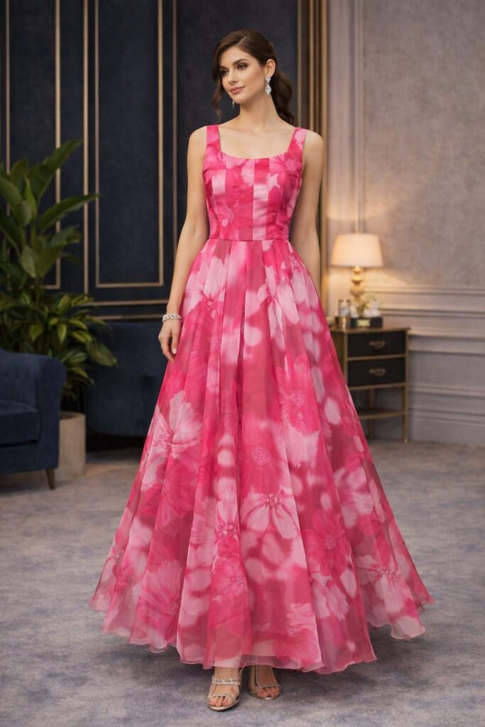 Blish Bloom pink floral organza gown for women front view