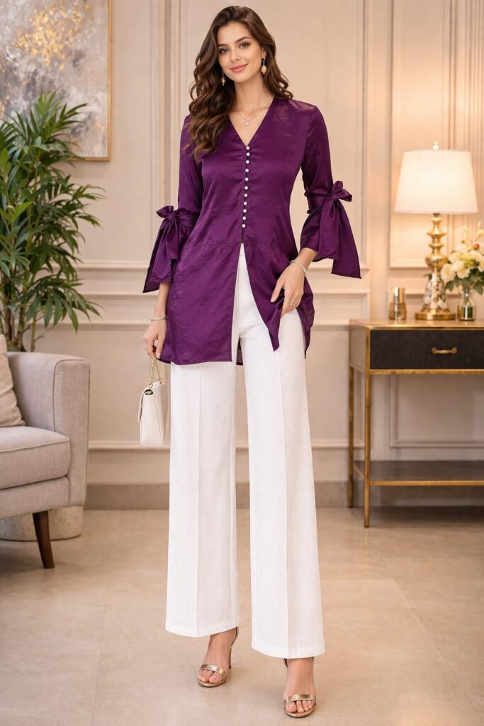 Plum Pearl Top for women in purple tissue silk with pearl buttons, front slit, bow-tie sleeves and white wide-leg pants