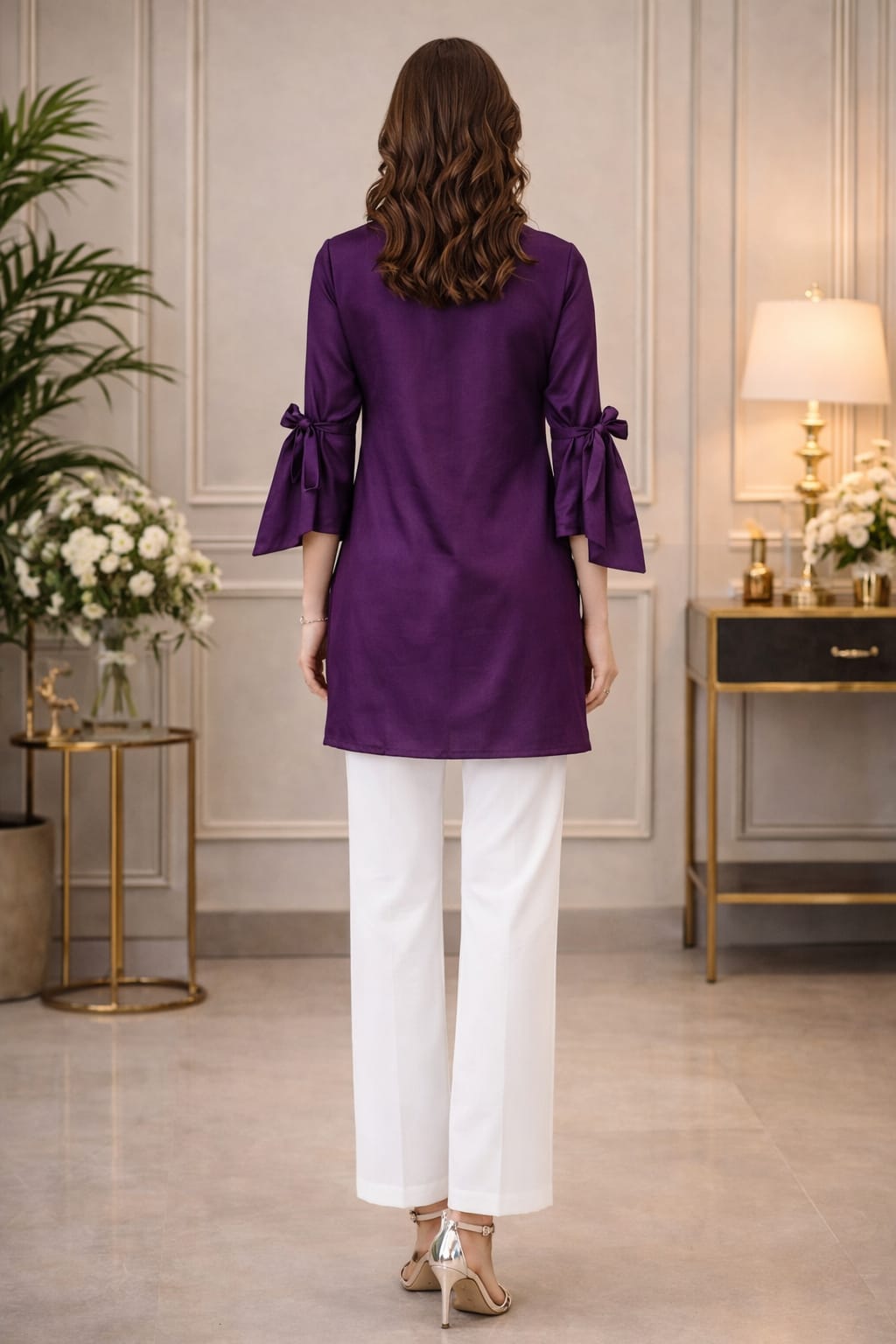 Back view of Plum Pearl Top for women in purple tissue silk with elegant fit and bow sleeve detailing