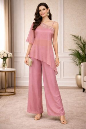 Rosy pink one shoulder co ord set for women with sheer drape top and wide leg palazzo pants party wear