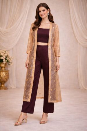 Golden Veil Co-Ord Set for women featuring a brown crop top, straight pants, and sheer embroidered long shrug with elegant party wear styling.
