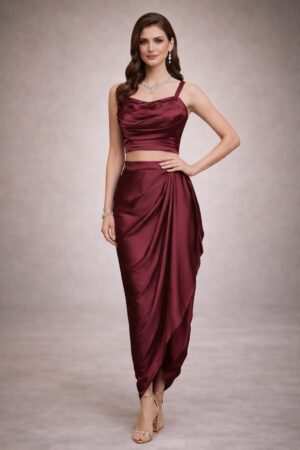 Wine satin drape co-ord set for women front view