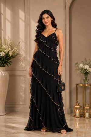 Front View of Elara Black Layered Ruffle Maxi Dress with Spaghetti Straps
