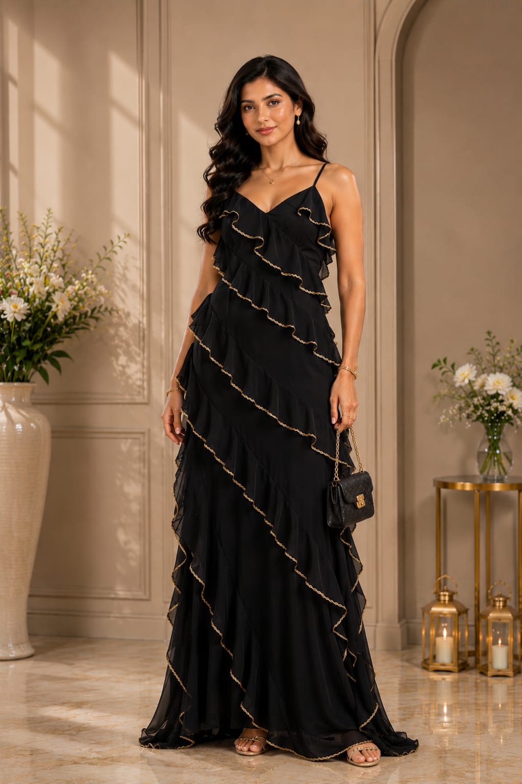 Front View of Elara Black Layered Ruffle Maxi Dress with Spaghetti Straps