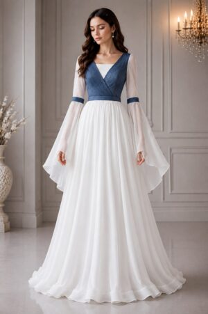 Luna Whisper Gown blue and white women's floor length dress with sheer bell sleeves