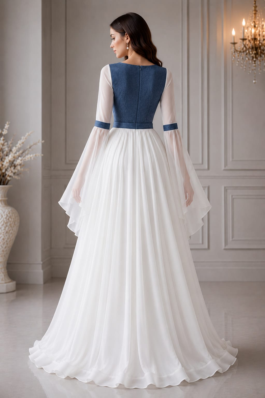Luna Whisper Gown blue and white floor length gown back view