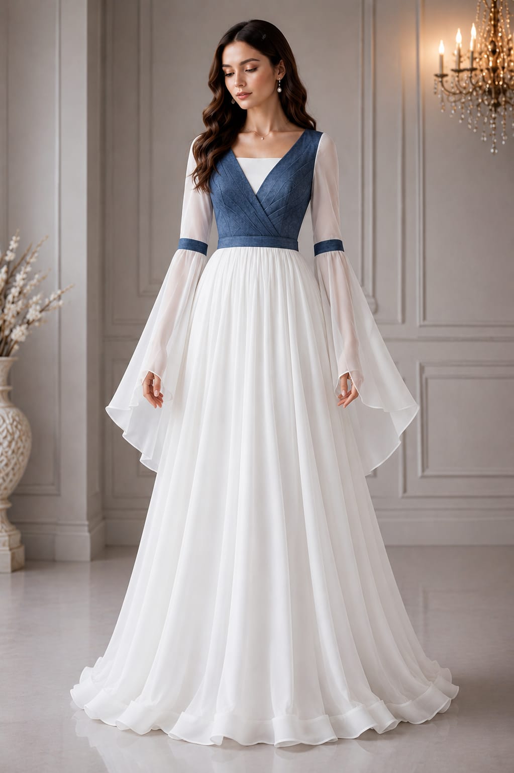 Luna Whisper Gown blue and white women's floor length dress with sheer bell sleeves
