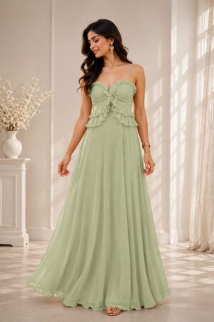 Mint green georgette maxi dress for women with V-neck and spaghetti straps